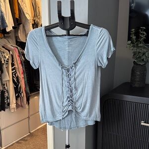 American Eagle Outfitters Light Blue Lace-Up V-Neck Short Sleeve Top